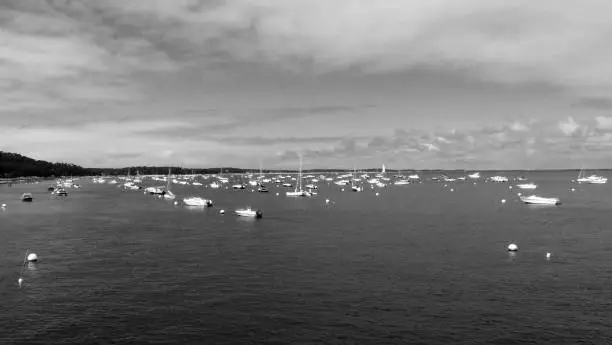 A bnw sea point of view with various small boat moored on each buoys