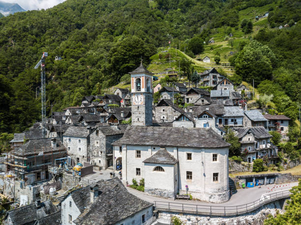 Aerial image with drone of the mountain village Corippo Aerial image with drone of the mountain village Corippo - the smallest commune in Canton Ticino, Switzerland vogorno stock pictures, royalty-free photos & images