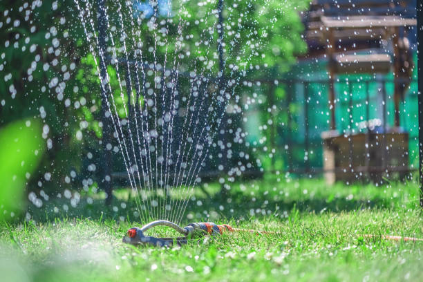 zraszacz wody trawnika rozpylanie wody na trawniku zielona świeża trawa - sprinkler park summer spray zdjęcia i obrazy z banku zdjęć