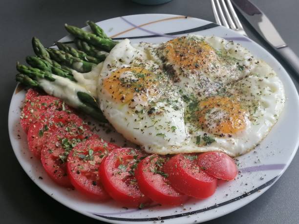 istock Fried eggs with green asparagus 1324345937