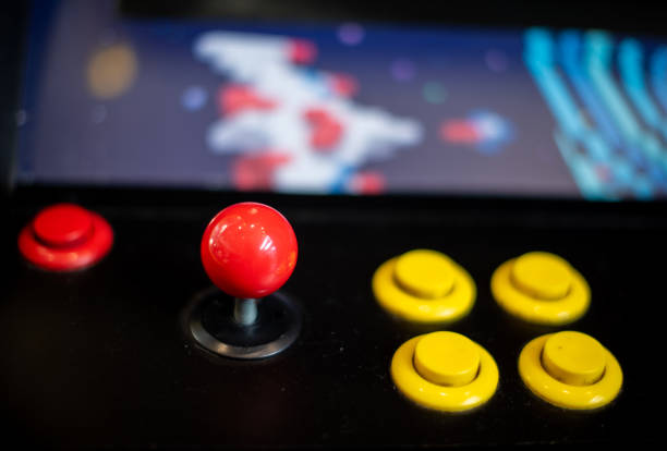 Joystick of arcade games shot up closey