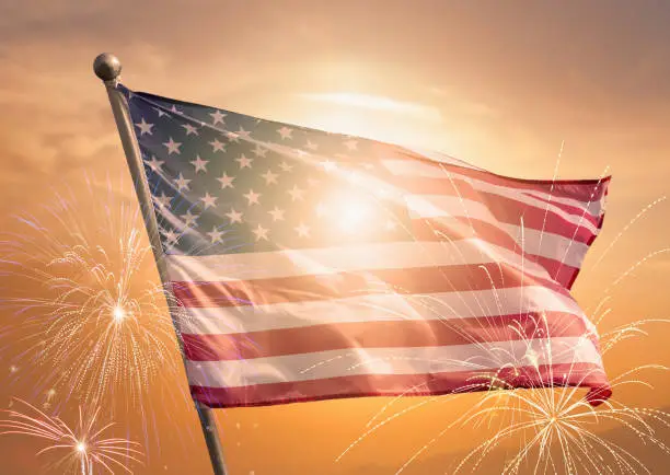 Photo of USA 4th of july independence day background of american flag with fireworks, Celebration Concept