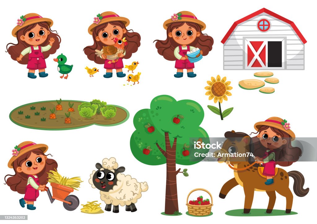 Ilustración de Juego De Personajes De Farmer Girl And Animals y más Vectores Libres de Derechos de Caballo - Familia del caballo - Caballo - Familia del caballo, Manzana, Granja - iStock Ilustración de Juego De Personajes De Farmer Girl And Animals y más Vectores Libres de Derechos de Caballo - Familia del caballo - Caballo - Familia del caballo, Manzana, Granja - iStock