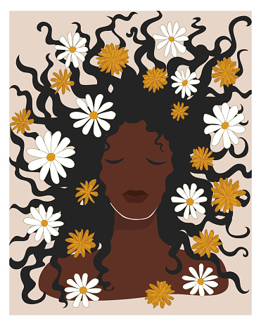 Beautiful African woman with chamomile flowers in her loose hair. Boho mid century wall art. Dark skinned brunette girl. Hand drawn printable poster postcard. Stock vector minimal illustration.