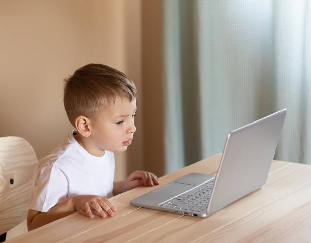 istock The little boy is sitting at the computer, he is surprised 1324356539