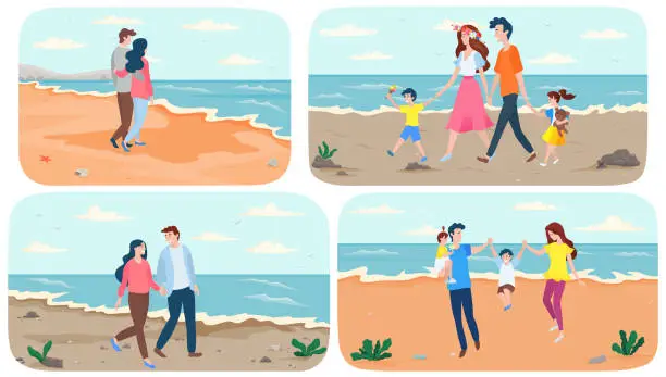 Vector illustration of Set of illustrations on theme of joint pastime with family at resort in summer near ocean bank