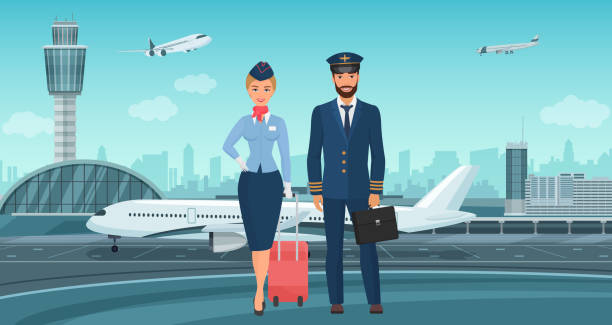 Pilot captain and stewardess, airplane crew in uniform standing together next to aircraft Pilot captain and stewardess, airplane crew standing next to aircraft vector illustration. Cartoon professional airline workers characters in uniform stand together on airport runway background airport backgrounds stock illustrations