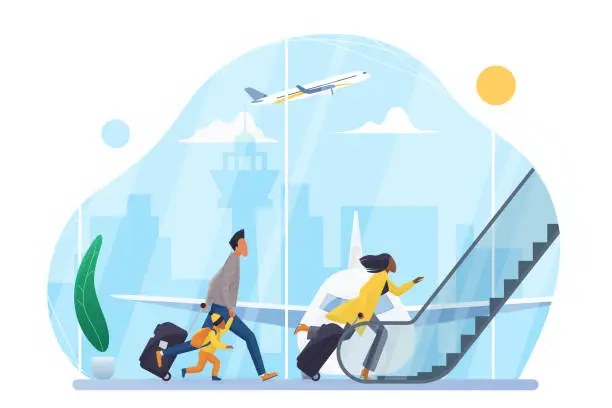 Vector illustration of People hurry to board airplane in airport, run to escalator of departure hall terminal