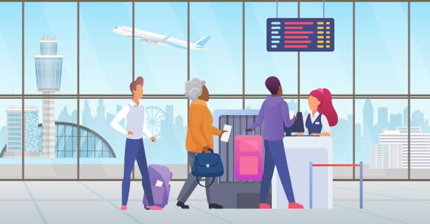 illustrazioni stock, clip art, cartoni animati e icone di tendenza di passeggeri persone al check-in aeroportuale internazionale, in fila prima del viaggio - terminal aeroportuale