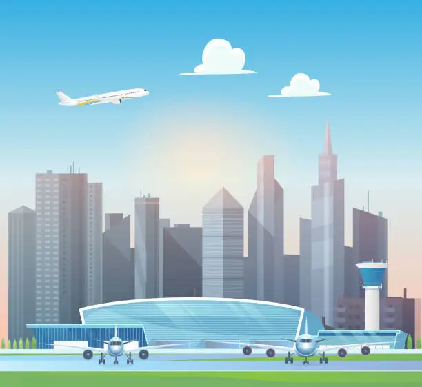 Vector illustration of Modern airport terminal buildings, airplane taking off into sky above office skyscrapers