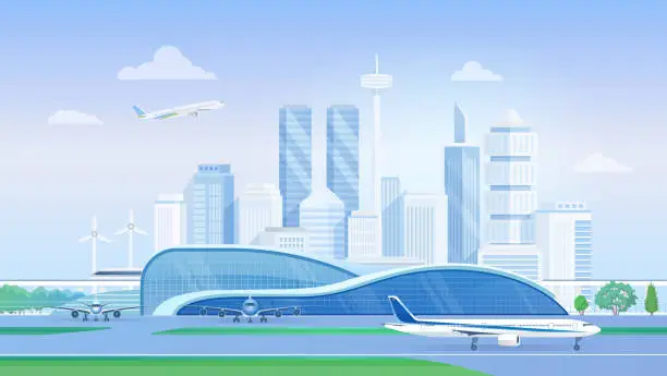 Vector illustration of Airport terminal with airplane, modern city skyline with aircraft on runway, skyscrapers
