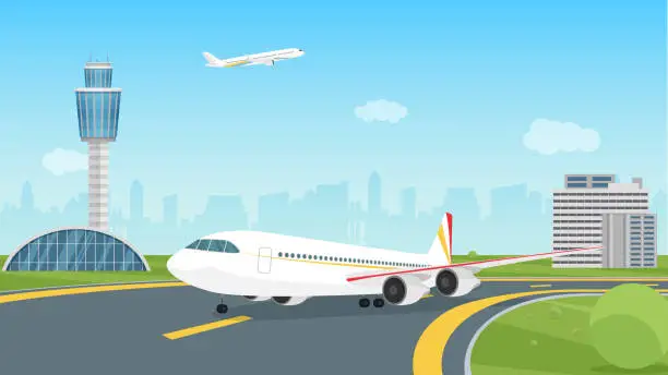 Vector illustration of Airplane taking off from airport runway, passenger aircraft takeoff, landscape airfield
