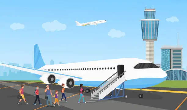 Vector illustration of People in airport, queue of travelers and aircraft, passengers with bags standing in line