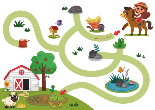 Educational Maze Game for Children Educational maze game for preschool children with farm theme. Cartoon Vector illustration. reach destination stock illustrations