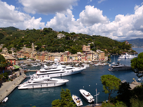 Panoramic view of the luxurious and picturesque village of Portofino in the Mediterranean.  Liguria region, Italian Riviera. Europe
