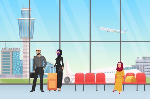 Arab people waiting for flight in airport hall terminal departure with panoramic window Arab people waiting for flight in airport hall terminal departure interior with panoramic window vector illustration. Cartoon young muslim woman in hijab standing with personal baggage before travel airport backgrounds stock illustrations