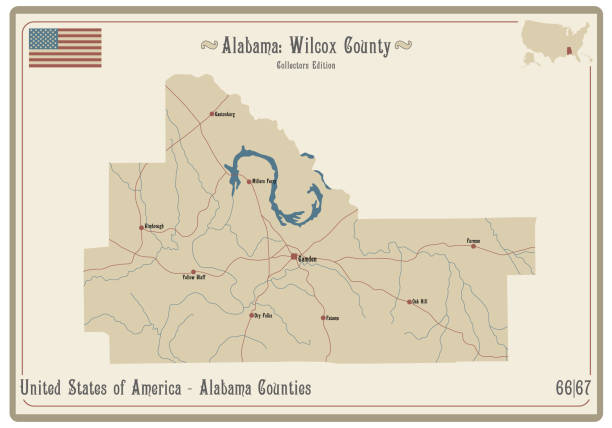 Map of Wilcox county in Alabama Map on an old playing card of Wilcox county in Alabama, USA. alabama state map with cities stock illustrations