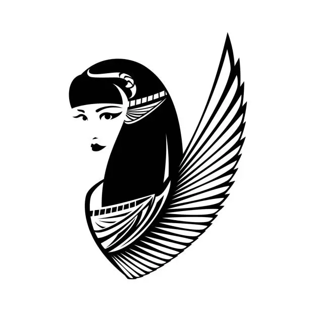 Vector illustration of ancient Egyptian winged goddess black and white vector portrait