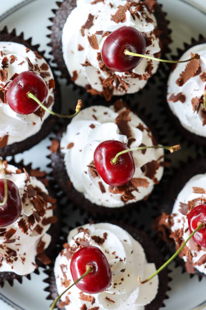 istock Close-up image of pattern rimmed plate containing a batch of Black Forest gateau cupcakes in brown paper cake cases, piped whipped cream rosettes topped with morello cherries sprinkled with chocolate shavings, elevated view 1324369493