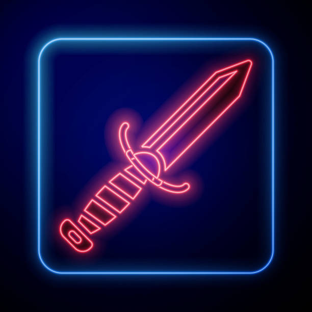 ilustrações, clipart, desenhos animados e ícones de ícone de faca militar neon brilhante isolado no fundo azul. vetor - knife isolated on red bayonet isolated