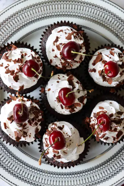 Stock photo showing an elevated view of a batch of homemade, luxury, Black Forest gateau cupcakes piped with whipped cream rosettes and topped with morello cherries. Afternoon tea concept.