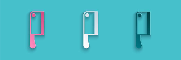 istock Paper cut Meat chopper icon isolated on blue background. Kitchen knife for meat. Butcher knife. Paper art style. Vector 1324370605
