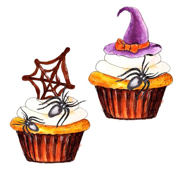 ilustrações, clipart, desenhos animados e ícones de set cupcake de halloween, teia de aranha de chocolate, abóbora marzipan. ilustração de desenho manual de aquarela, fundo branco isolado - spider web halloween corn pumpkin