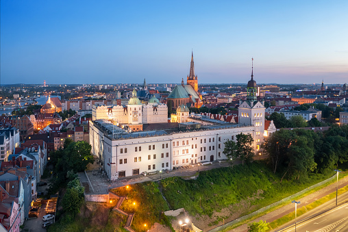 Szczecin, Poland - June 16 2021: Aerial view of historic Pomeranian Dukes Castle at dusk
