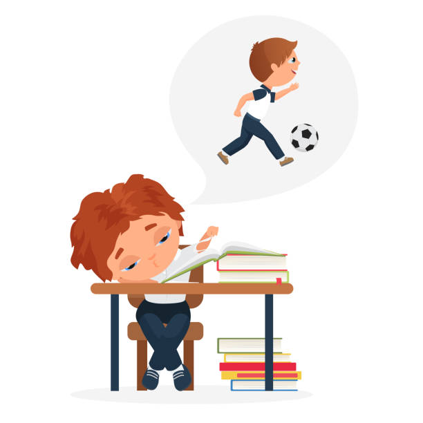 Children study hard, education problem of bored kid, tired boy sitting at school books Children study hard, education problem of bored kid vector illustration. Cartoon tired boy child character sitting at school books and studying homework, dreaming of playing ball outdoors background bored children stock illustrations