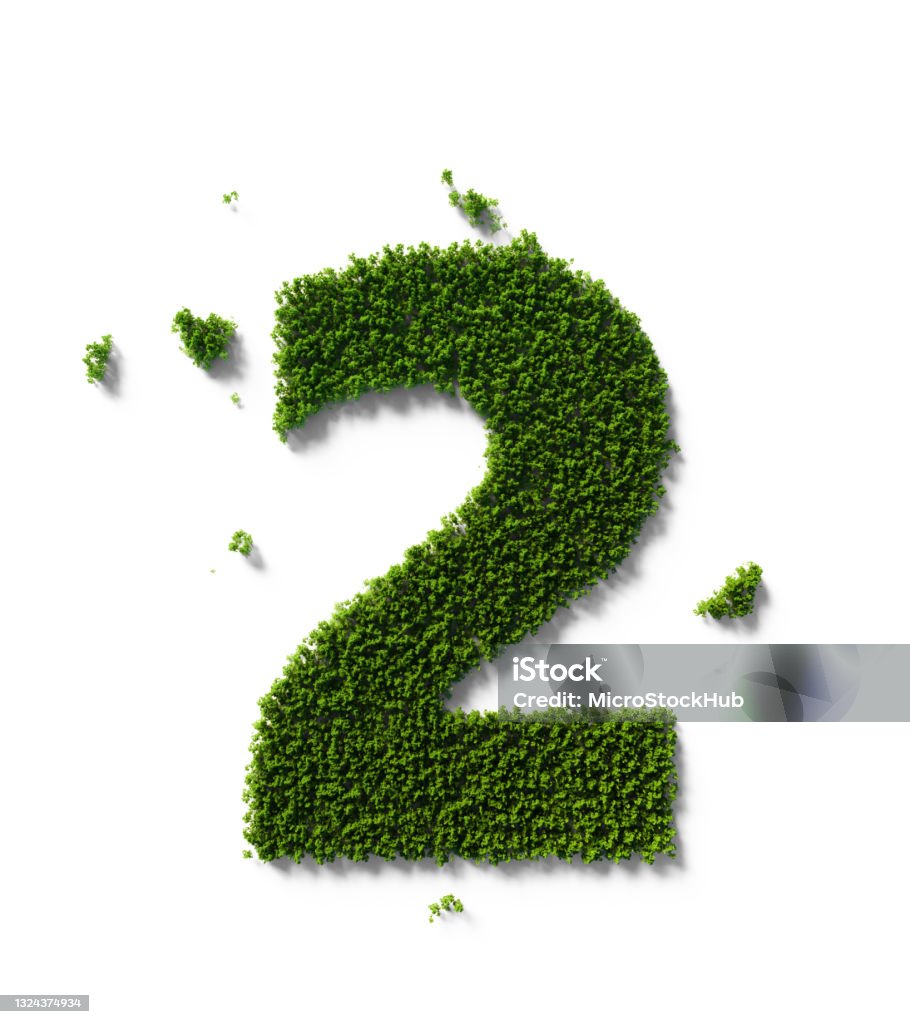 Sustainability Concept - Number Two Made of Green Trees Sitting On White Background Number two made of green trees sitting on white background. Horizontal composition with clipping path and copy space. Sustainability concept. Number 2 Stock Photo