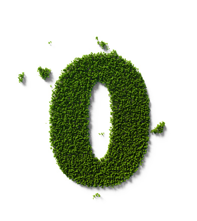 Number zero made of green trees sitting on white background. Horizontal composition with clipping path and copy space. Zero waste and sustainability concept.