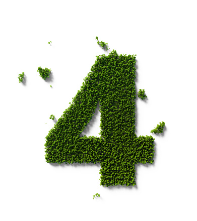 Number four made of green trees sitting on white background. Horizontal composition with clipping path and copy space. Sustainability concept.