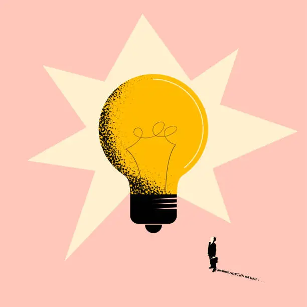 Vector illustration of Business idea or business creativity concept with businessman standing in front of a huge light bulb and looking on it. Vector illustration