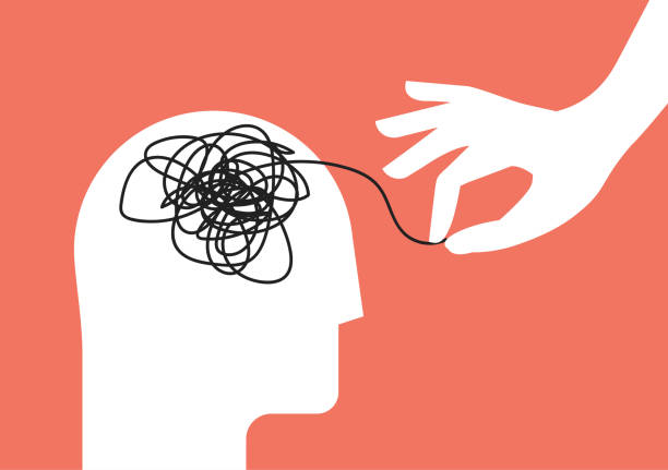 istock Psychologic therapy session concept with human head silhouette and helping hand unravels the tangle of messy thoughts with mental disorder, anxiety and confusion mind or stress. Vector illustration 1324376942