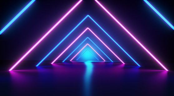 Neon lights forming a triangle shaped light tunnel over black background. Horizontal composition with copy space. Neon light tunnel concept.