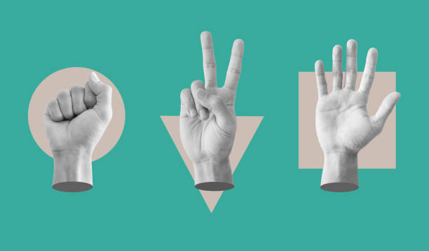 цифровой коллаж современного искусства. знак руки утеса, ножницы и бумага, с геометрией конфликта - rock paper scissors стоковые фото и изображения