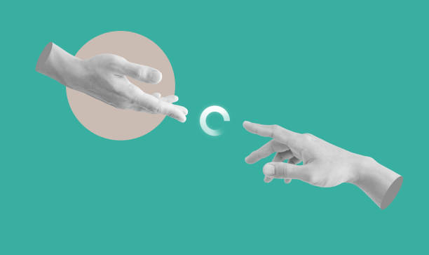istock Digital collage modern art. Helping and rescue hand with loading icon 1324377838