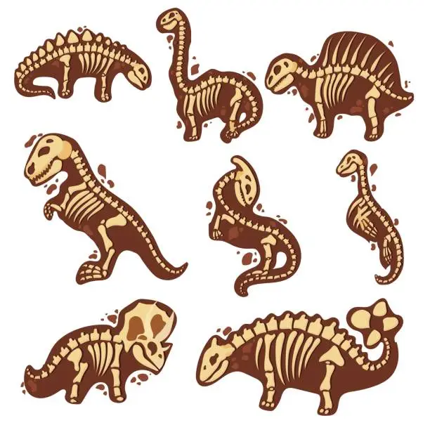 Vector illustration of Set Dinosaur skeleton in cartoon style. The bones of a prehistoric animal underground. Archeology. Vector illustration isolated on white background.