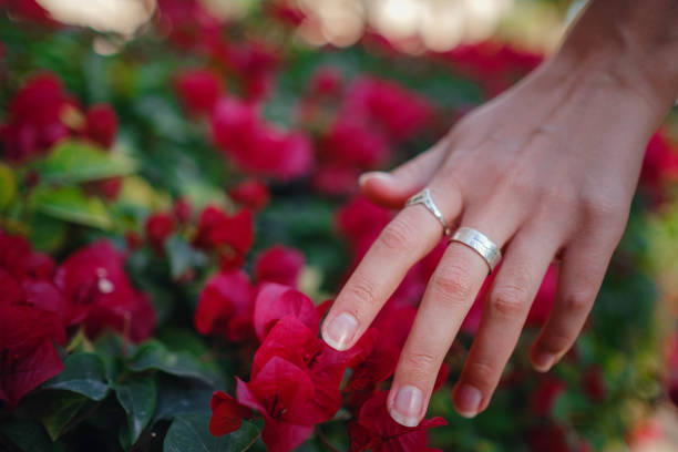istock woman's hand stroking the beautiful purple flowers 1324378183