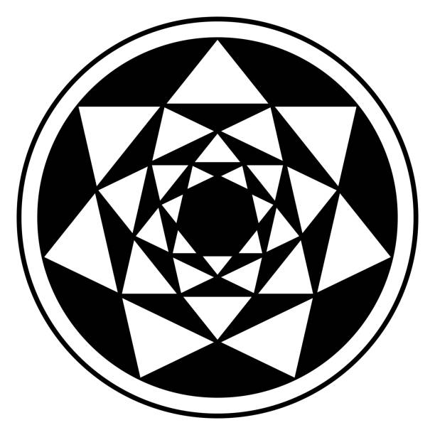 Inverted four heptagrams, and their resulting triangle patterns Inverted four heptagrams, and their resulting triangle patterns, in circle frame. Crossing points of seven-pointed stars placed one inside the other forming a mandala. Modeled on a crop circle. Vector crop circle stock illustrations