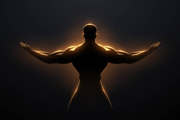 golden er mann silhouette mit glüheffekt - bodybuilding stock-grafiken, -clipart, -cartoons und -symbole