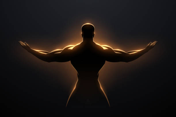 Golden man silhouette with glow effect Golden man silhouette with glow effect in vector workout logo stock illustrations