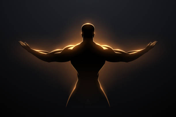 Golden man silhouette with glow effect Golden man silhouette with glow effect in vector bodybuilder stock illustrations