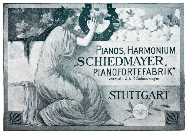 피아노 및 하모니움 공장 쉬에드마이어, 슈투트가르트, 1896년 포스터 - harmonium stock illustrations