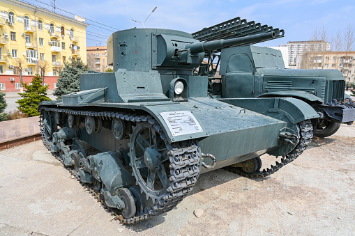 Volgograd, Russia - June 12, 2021: Military equipment from the Second World War on the street of Volgograd.