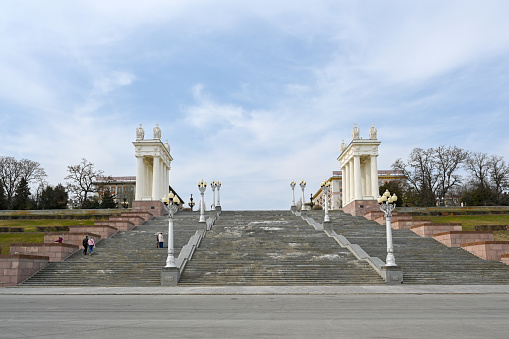 Volgograd, Russia - June 13, 2021: Colonnade on the stairs on the Central Embankment in Volgograd.