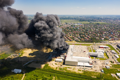 Kaliningrad, Russia - June 19 2021: Burning Miratorg meat processing plant
