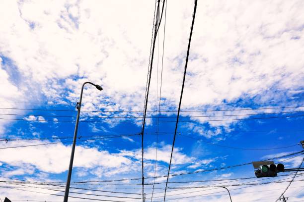 Blue sky and electric wires with beautiful contrast with clouds