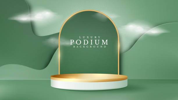 3d podium gold and clouds with paper cut style scene element. luxury abstract background. cylinder shape podium for show product or stage for award ceremony. 3d podium gold and clouds with paper cut style scene element. luxury abstract background. cylinder shape podium for show product or stage for award ceremony. vector illustration. gold podium stock illustrations