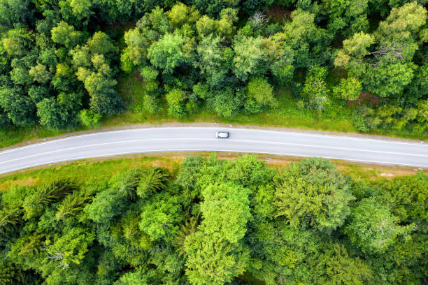 istock a forest road with a single car from above 1324387318